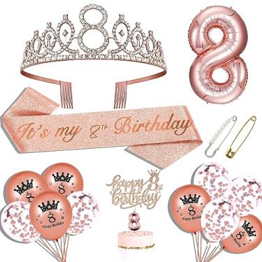 Imagem de Hysilla Decorações de 8º Aniversário para Meninas, Faixa de 8º Aniversário, Coroa de 8º Aniversário, Topo de Bolo de 8º Aniversário, Balões, Conjunto de Alfinetes E Velas, Ouro Rosa