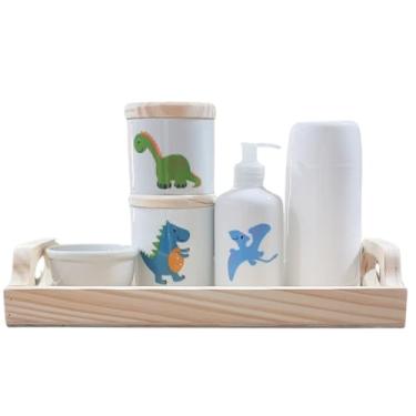 Imagem de Kit higiene bebê Dino Baby 6 peças - potes e porta álcool - Peças Porcelana Tampa e bandeja Pinus