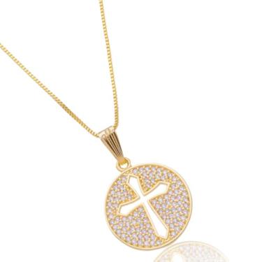 Imagem de Colar Medalha Cruz Cravejada Religioso Semijoia Banhada Antialérgica (Ouro)