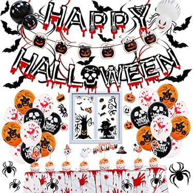 Imagem de Conjunto de 82 decorações de festa de Halloween – banner de Halloween, espirais para pendurar, balões de Halloween, mesa sangrenta, adesivos de janela com decalque de parede de morcego 3D, perfeito para decorações de Halloween internas e externas