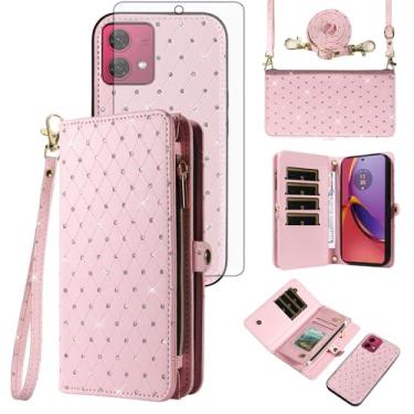 Imagem de Asuwish Capa de celular para Motorola Moto G84 5G carteira com zíper destacável com protetor de tela de vidro temperado alça transversal alça flip glitter porta-cartão slot G 84 2023 mulheres meninas