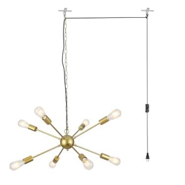 Imagem de Karjearl Lustre Sputnik Plug In Com Fio Longo, 8 Luzes Douradas Penduradas Com Fio Plug In De 15,7 Pés E Interruptor Liga/Desliga, Luminárias Pendentes Modernas Para Sala De Jantar, Sala De Estar, Q