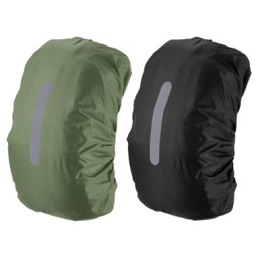 Imagem de PATIKIL Capa de chuva impermeável 30-40L, 2 peças, capa de mochila antiderrapante com alça refletiva vertical, permanece seca para caminhadas, acampamento, caça, P, preto/verde militar