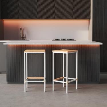 Imagem de Kit 2 Banqueta em Aço Alta Industrial com Assento de Madeira Maciça 75cm - Branca