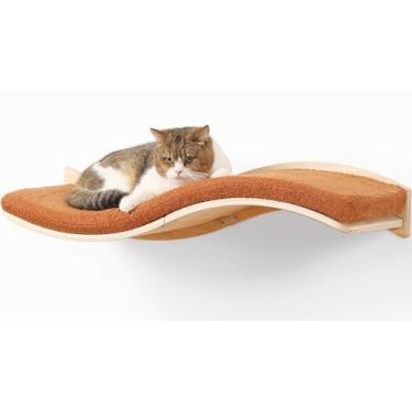 Imagem de Prateleiras de parede para gatos grandes - móveis montados na parede com almofada confortável, poleiro e cama perfeitos para famílias com vários gatos - Prateleira ondulada de 89 cm para escalar