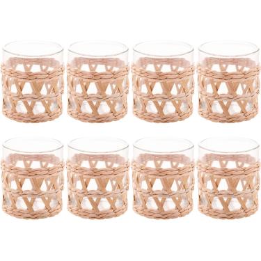 Imagem de Conjunto 8 Copos Baixos de Vidro Wolff com Sisal 320ml Decorados Fibra Natural Rústicos
