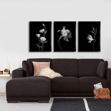 Imagem de Kit 3 Quadros Flores Preto E Branco 24X18Cm - Preta - Quadros On-Line