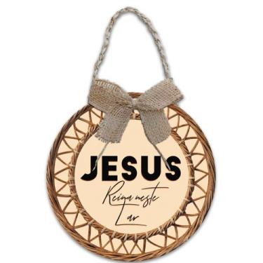 Imagem de Decoração Placa de Porta Guirlanda Frases Bem vindo Jesus Vive Lar Abe