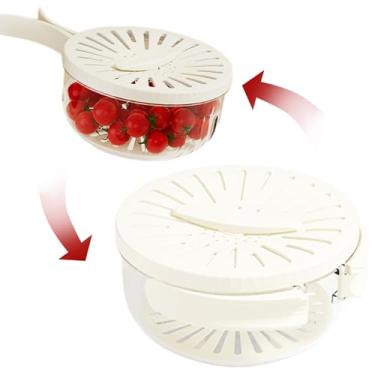 Imagem de Cesta de drenagem com tampa, tigela de lavagem de frutas com filtro e alça dobrável 15,5 x 8,4 cm, coador de alimentos multifuncional redondo com bandeja de drenagem para geladeira, branco, limpador
