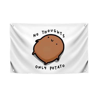 Imagem de Bandeira de meme de batata com citação "No Thoughts Only Potato" com quatro ilhós de latão - Faixa engraçada de poliéster de um lado para decoração de quarto de parede - Bandeira branca meme para