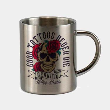 Imagem de Caneca de Inox Premium Prateada 400ml Caveira Com Rosa No Cranio Tatto