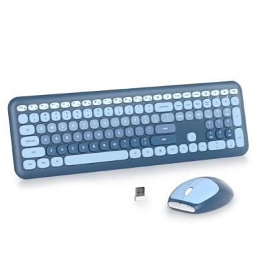 Imagem de iRoboosta Conjunto de teclado e mouse azul sem fio, máquina de escrever retrô de 2,4 GHz, teclado fofo com teclado numérico, teclados silenciosos para casa e escritório (azul celeste)