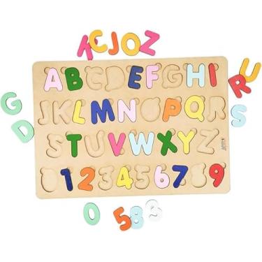 Imagem de Brinquedo Educativo Pedagógico em Madeira Alfabeto Letras e Números Coloridos Tabuleiro de 41cmx29cm - Mega Impress