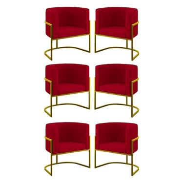 Imagem de Kit 06 Poltronas Lua Sala Decorativa Base De Ferro Gold Vermelho