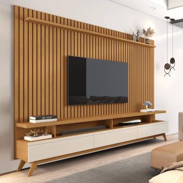 Imagem de Rack com Painel para Tv 86 Polegadas Pés em Madeira Maciça Vivare Marrom/Off White