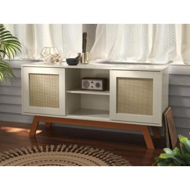 Imagem de Rack Buffet Com Duas Porta De Correr Rattan Pés Em Madeira Off White -