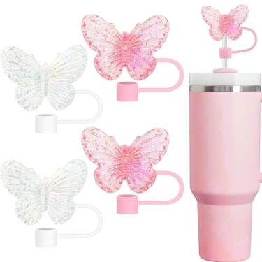 Imagem de Conjunto de topos de palha rosa, 4 peças de tampas de palha de borboleta de 10 mm compatíveis com Stanley Cups Copo de 30 e 1,134 g com alça, acessórios reutilizáveis de silicone para meninas