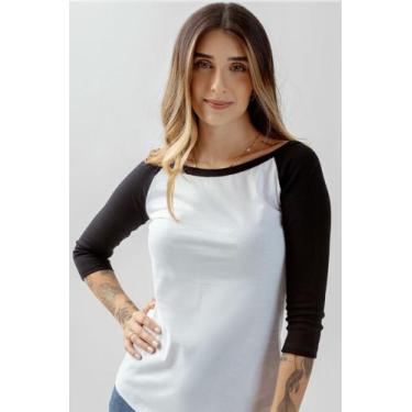 Imagem de Camiseta Feminina Raglan Manga 3/4 Branco / Preto (G) - c malhas