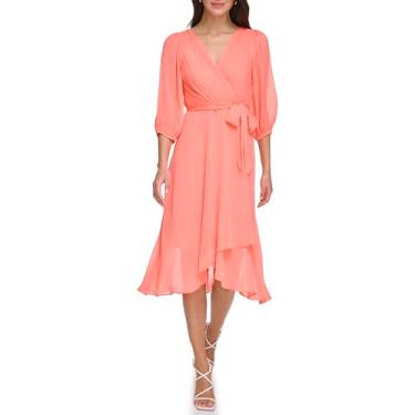 Imagem de DKNY Vestido feminino rodado de manga curta e bainha com babados, Laranja, 48