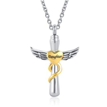 Imagem de QeenseKc Colar de urna de cremação com asa de anjo da guarda para cinzas e coração com pingente de lembrança de amor, Metal, Base