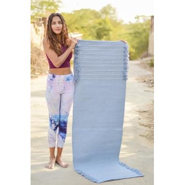 Imagem de EXPORT PROFILE Tapete de ioga de algodão orgânico antiderrapante feito à mão - Tapete de ioga - Tapete de exercícios, treino e fitness feito de 100% algodão - Material tecido azul claro (24"x72"x5mm)