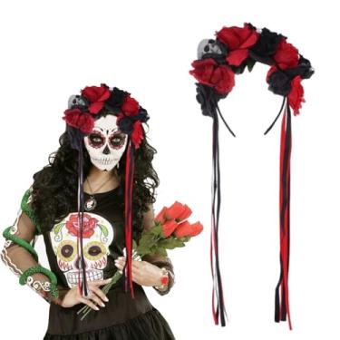 Imagem de Mexican Flower Headband Day of the Dead Red Black Rose Floral Crown Headpiece for Halloween Cosplay Costume Party Women Girls Hair Decoration