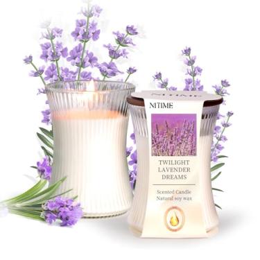 Imagem de NITIME 2 velas perfumadas de lavanda, vela de ampulheta listrada vertical média de 200 ml, vela de soja natural, velas de pavio de madeira que racham para decoração de casa, spa e presentes