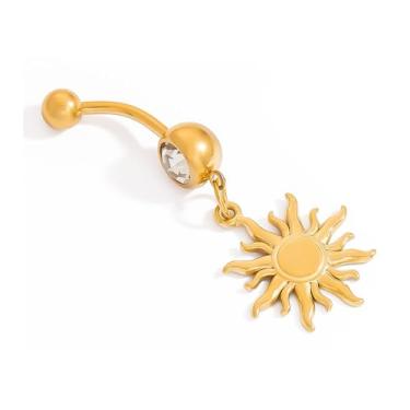 Imagem de Anel de umbigo com pingente de sol 14G para mulheres de aço inoxidável com strass banhado a ouro 18 k Sunburst anéis de umbigo curvados barra simples sexy piercing corporal oceano verão praia joias