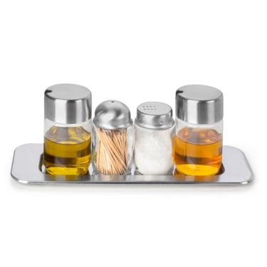 Imagem de Galheteiro Retangular Azeite Vinagre Sal E Palito Inox Vidro