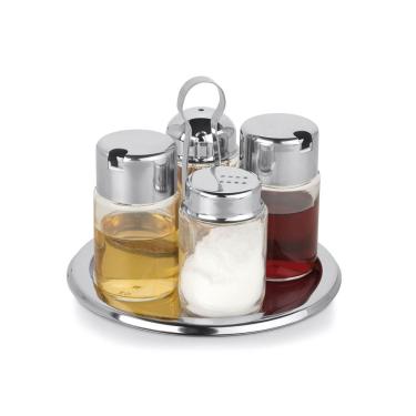 Imagem de Galheteiro Redondo Azeite Vinagre Sal E Palito Vidro e Inox