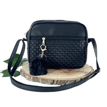 Imagem de Bolsa Feminina Alça Transversal Tira Colo Estampa Moderna Com Pompom(Preto)