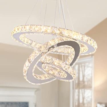 Imagem de xychfantligh Lustre de cristal moderno LED 3 anéis lustres de aço inoxidável ajustável luz pendente para sala de jantar sala de estar quarto (branco quente