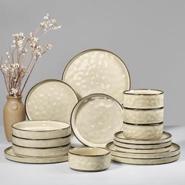 Imagem de HaWare Conjuntos de louças de jantar, conjunto de pratos e tigelas de 16 peças, conjunto de pratos de grés para 4, conjunto de louça de cerâmica para massas de cereais, resistente a lascas e arranhões