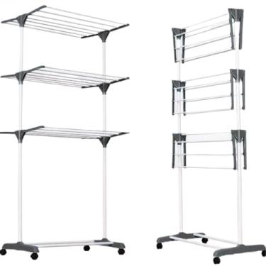 Imagem de Varal Chão 3 Andares Roupa 4 Rodas Dobrável Reforço Retrátil(Cinza)