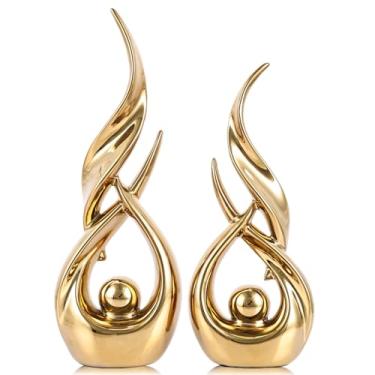 Imagem de XMGZQ Conjunto de estátua abstrata de cerâmica dourada de 2 peças, decoração de casa de arte abstrata moderna de meados do século em decoração de prateleira exclusiva, divisória de armário de TV e