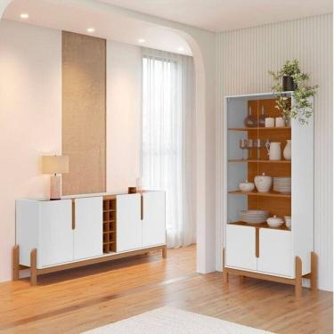 Imagem de Buffet 190cm e Cristaleira com Pés de Madeira Maciça Lizz Branco / Cedro