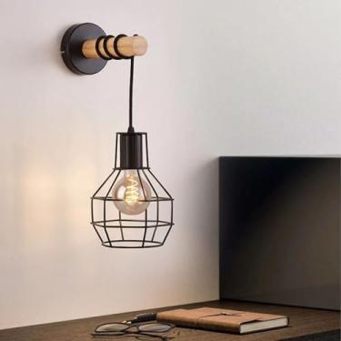 Imagem de E27 Arandela Preto Vintage Industrial Arandelas Retrô Madeira e Ferro Metal Iluminação de Parede Comprimento Ajustável para Sala de Estar Quarto Escada Corredor (sem Lâmpada) (D)