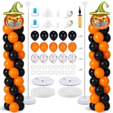 Imagem de Gejoy 2 Sets Halloween Balloon Column Stand Kit with 2 Pumpkin Balloon 150 Latex Balloons 6.5 ft Adjustable Stands Kit for Floor Orange Black White Balloons Arch Column for Halloween Decorations