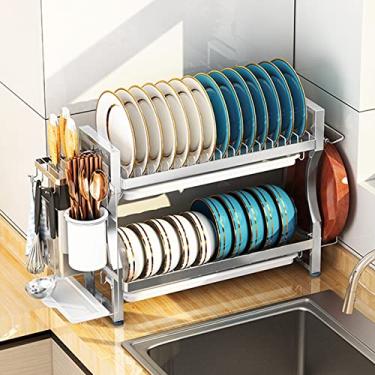 Imagem de Escorredor de pratos de cozinha de aço inoxidável, escorredor de pratos com bandeja coletora e suporte de utensílios, escorredor de pratos de 2 camadas, escorredor de pratos à prova de ferrugem para