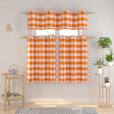 Imagem de Conjunto de 3 peças de cortinas e sanefas Buffalo Check Kitchen Tiers xadrez guingão top clássico pequeno café cortinas country fazenda café banheiro 137.2 cm x 45.7 cm/81.3 cm x 91.4 cm laranja e
