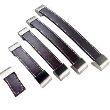 Imagem de Puxador de couro marrom de liga de zinco para móveis, armários de cozinha, maçanetas de gaveta, guarda-roupa, cômoda, porta, puxador de empurrar 2 peças (63 mm)