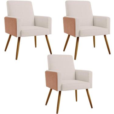 Imagem de Kit 03 Poltronas Decorativa Maria W01 Pés Palito Linho Cru Couríssimo Camel - Lyam Decor