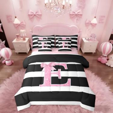 Imagem de Erosebridal Conjunto de cama solteiro monograma, letra E, 7 peças, laço rosa, letra inicial em uma bolsa, para decoração de quarto de meninas e adolescentes, conjunto de cama kawaii com laço e laço