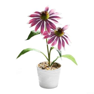 Imagem de Flor artificial equinácea de duas cabeças pequeno bonsai em vaso decoração de casa planta verde artificial flor artificial festa de casamento ornamentos internos plantas falsas dentro de casa