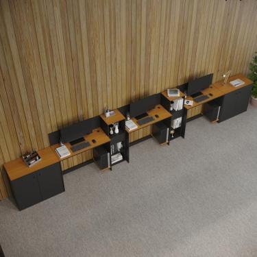 Imagem de Conjunto De Escritório Tech 2 Livreiro 2 Buffet E 3 Mesas 90 - Preto E Cedro Preto E Cedro