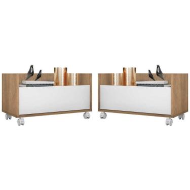 Imagem de Kit Com 2 Mesas De Cabeceira 80Cm Com Rodízios Multimóveis V4007 Rustic/Branca Rustic/Branco