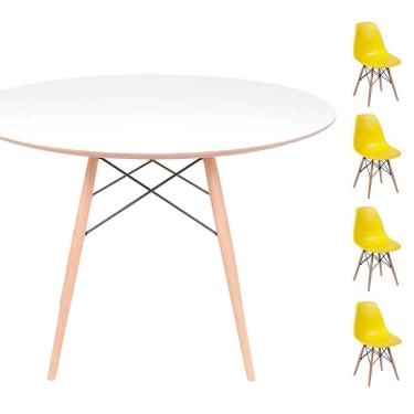 Imagem de Conjunto Mesa Eames Branca 90cm + 4 Cadeiras Amarela