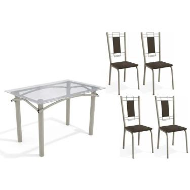 Imagem de Conjunto: Mesa Sala Jantar Elba C- Tampo De Vidro 120cm E 4 Cadeiras Florença Niquel - Courano Marrom - Kappesberg