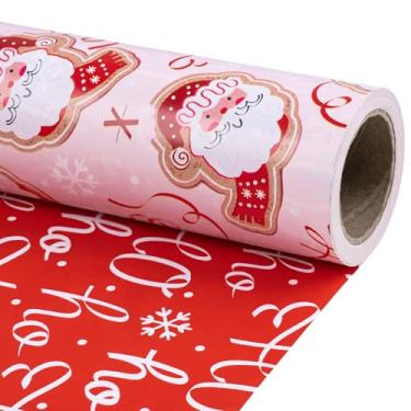 Imagem de RUSPEPA Rolo de papel de embrulho de Natal reversível, mini rolo, adorável Papai Noel, design de fita, papel de embrulho de presente vermelho engraçado Ho perfeito para meninas, família, presentes de