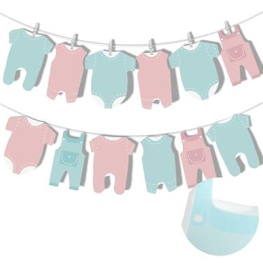 Imagem de Solsew Faixa de decoração de chá de bebê neutra rosa e azul 12 peças de feltro roupas de bebê body varal faixa de guirlanda para revelação de gênero bem-vindo suprimentos de festa de aniversário
